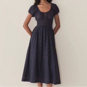 NWT Doen Quinn Cotton Short Sleeve Midi Maxi Dress Adriatic Eyelet Blue Navy